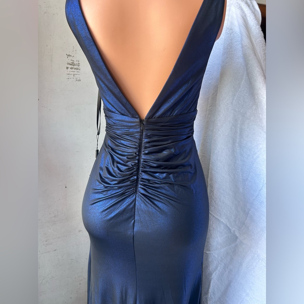 Metallic Navy Ruched Side-Slit Evening Dress - Picture 3 of 5